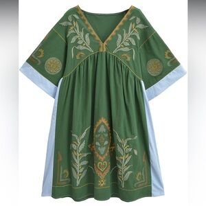 Real Embroidered Oversized Green Pleated Mini Sundress with Dolman Sleeves